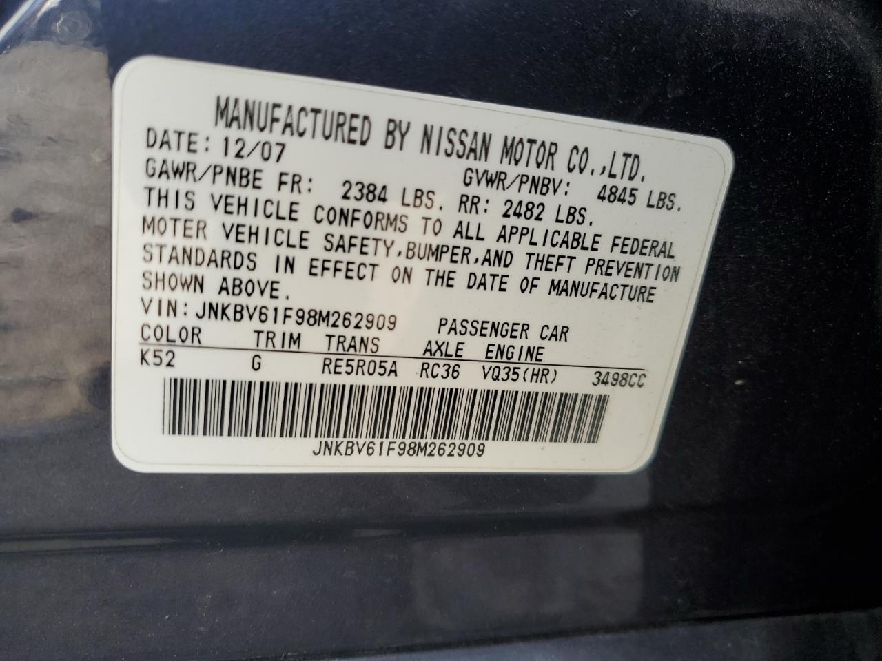 2008 Infiniti G VIN JNKBV61F98M262909 Copart auction photo, rear end / side damage thumbnail 12