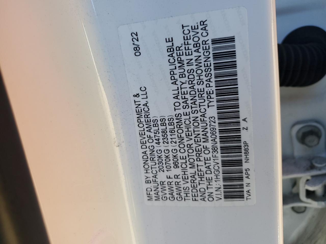 2022 Honda Accord VIN 1HGCV1F38NA069723 Copart auction photo, front end damage thumbnail 13