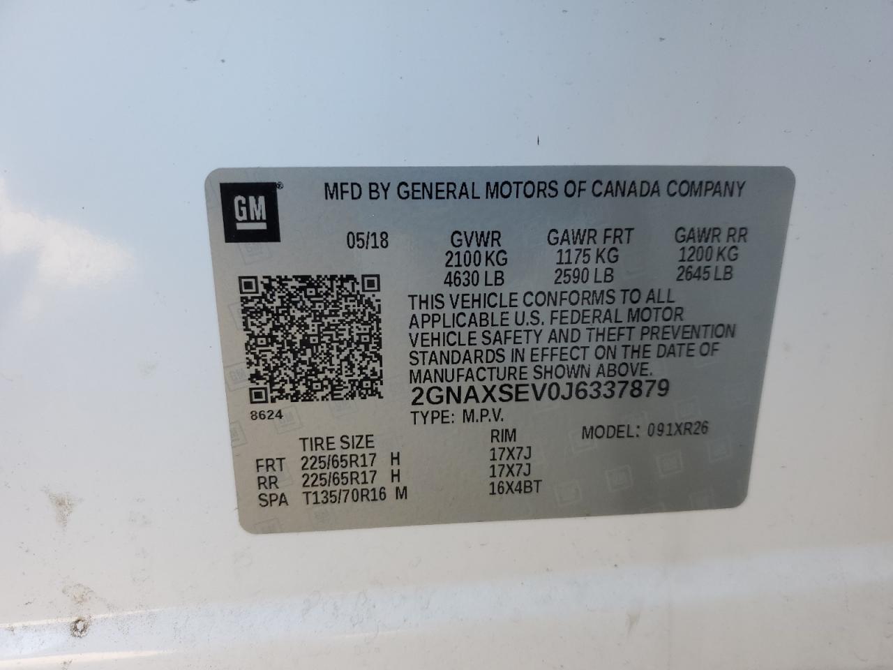 2018 Chevrolet Equinox VIN 2GNAXSEV0J6337879 Copart auction photo, frame damage / minor dent/scratches damage thumbnail 13