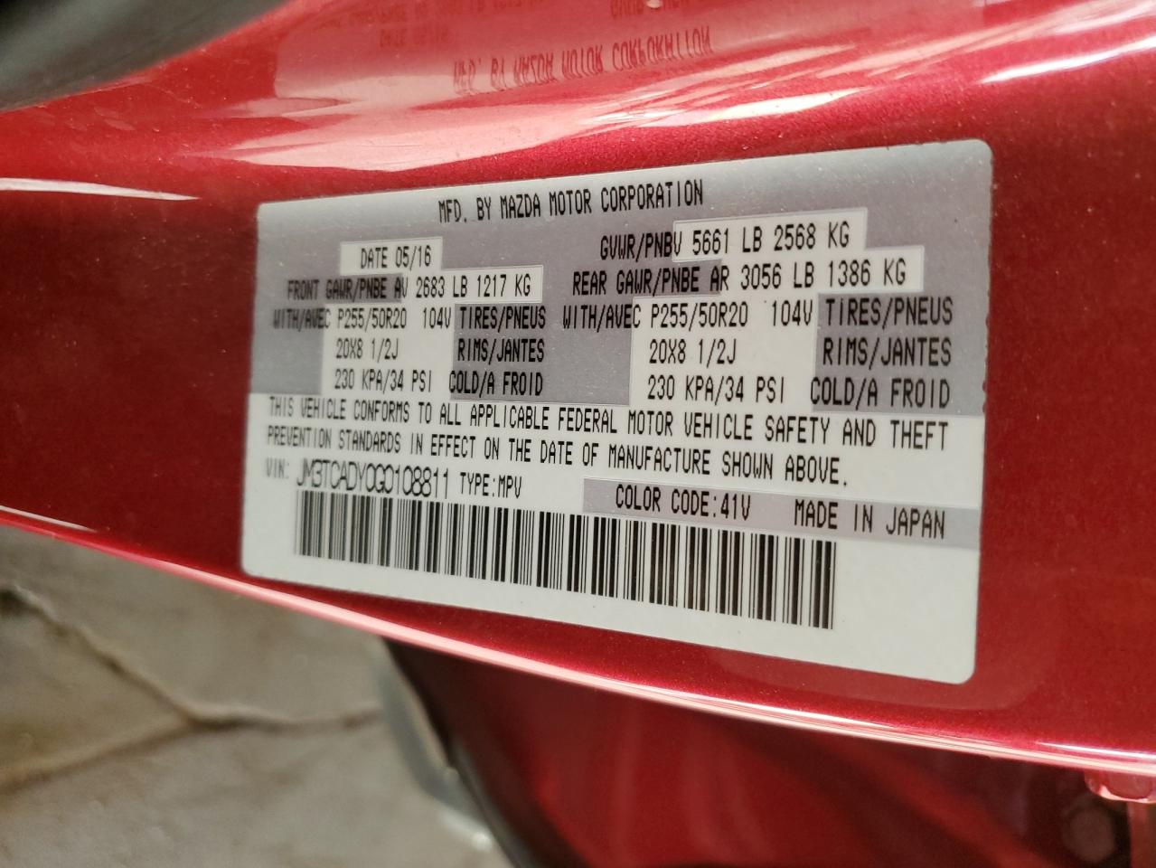 2016 Mazda CX-9 VIN JM3TCADY0G0108811 Copart auction photo, front end damage thumbnail 12