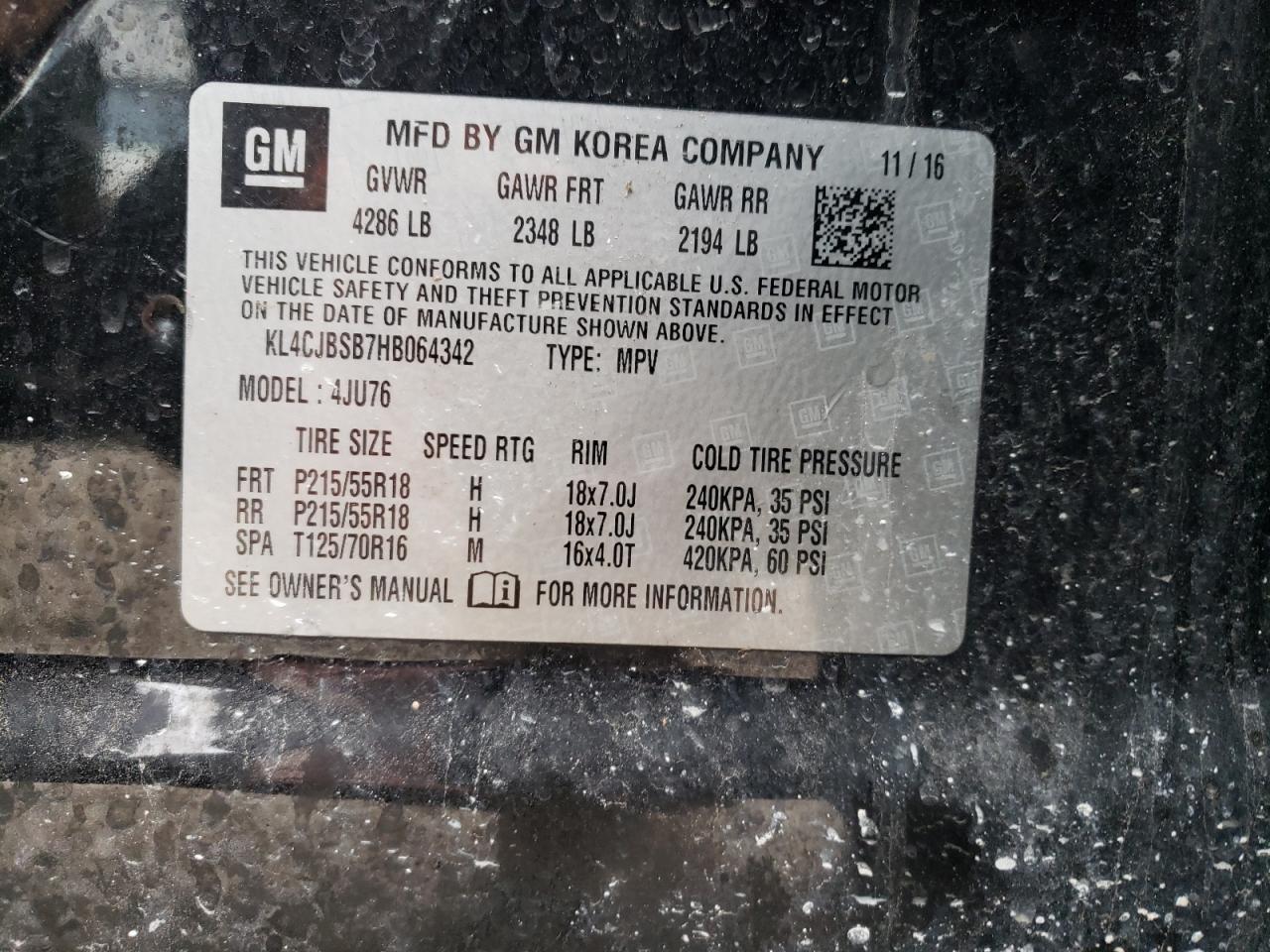 2017 Buick Encore VIN KL4CJBSB7HB064342 Copart auction photo, front end damage thumbnail 12
