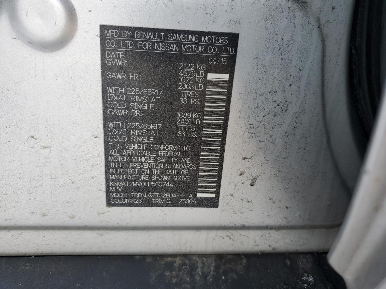 2015 Nissan Rogue VIN KNMAT2MV0FP560744 Copart auction photo, front end damage thumbnail 13