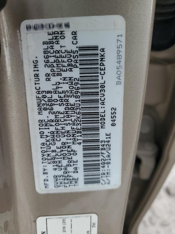 2003 Toyota Camry VIN 4T1BE32K63U189692 Copart auction photo, rear end damage thumbnail 12