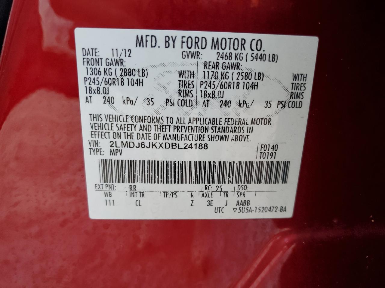 2013 Lincoln MKX VIN 2LMDJ6JKXDBL24188 Copart auction photo, front end damage thumbnail 15