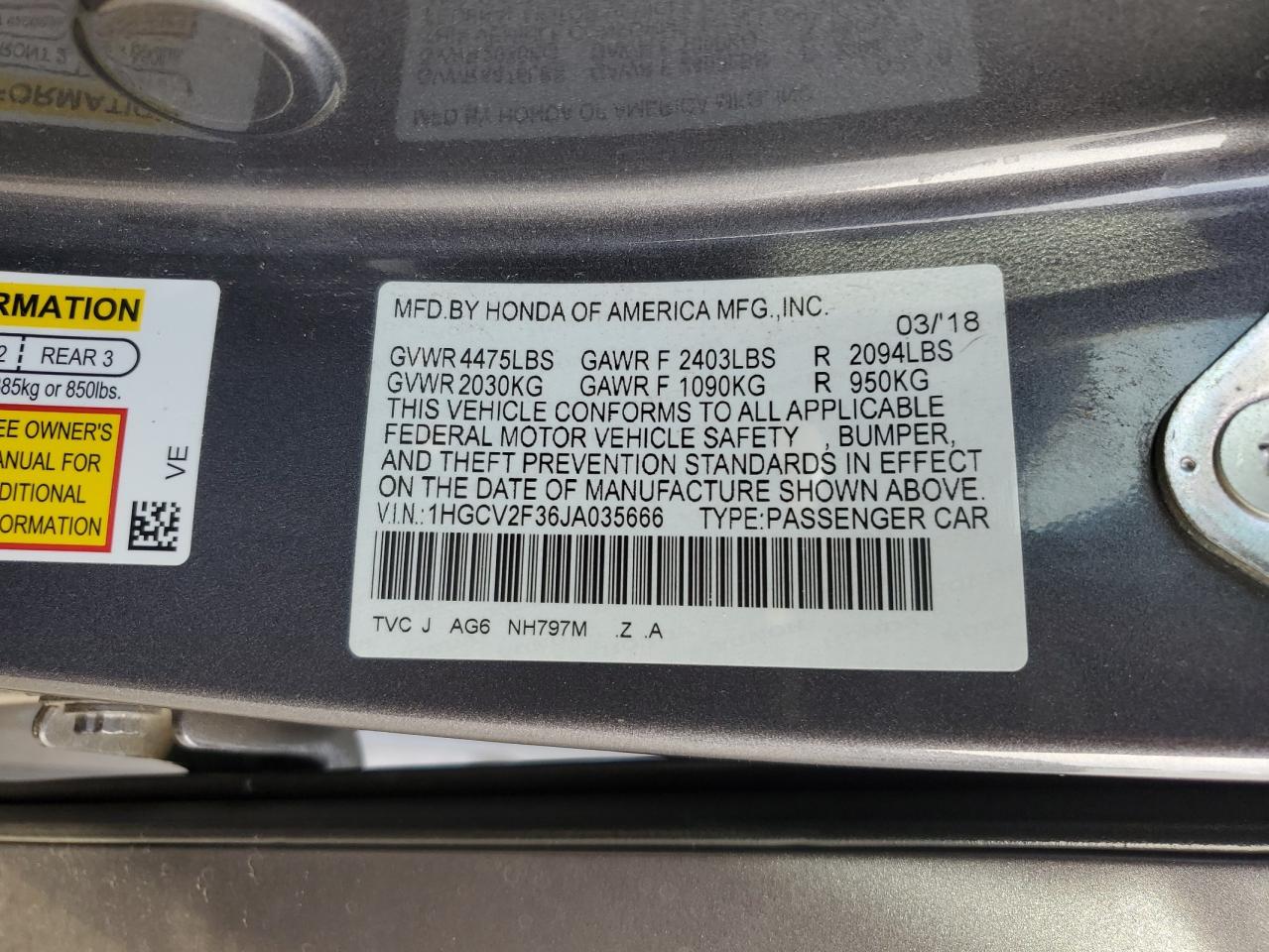 2018 Honda Accord VIN 1HGCV2F36JA035666 Copart auction photo, rear end damage thumbnail 12