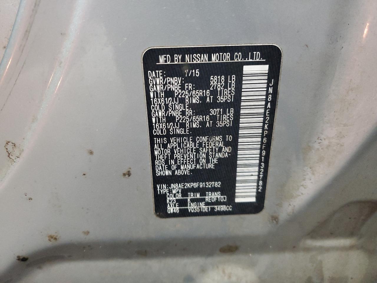 2015 Nissan Quest VIN JN8AE2KP6F9132782 Copart auction photo, front end damage thumbnail 15
