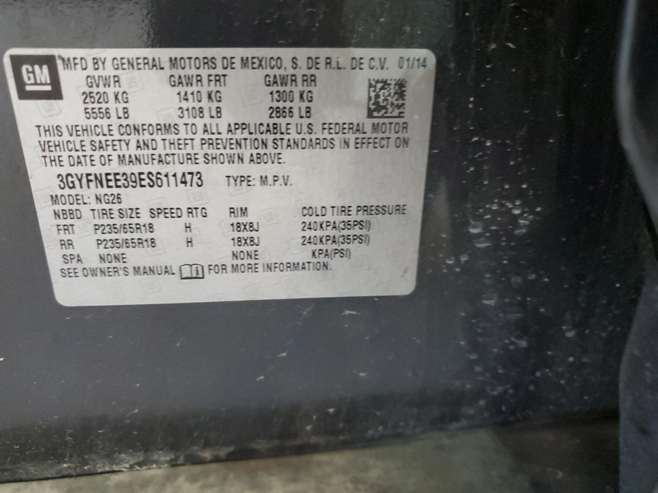 2014 Cadillac SRX VIN 3GYFNEE39ES611473 Copart auction photo, front end / side damage thumbnail 13