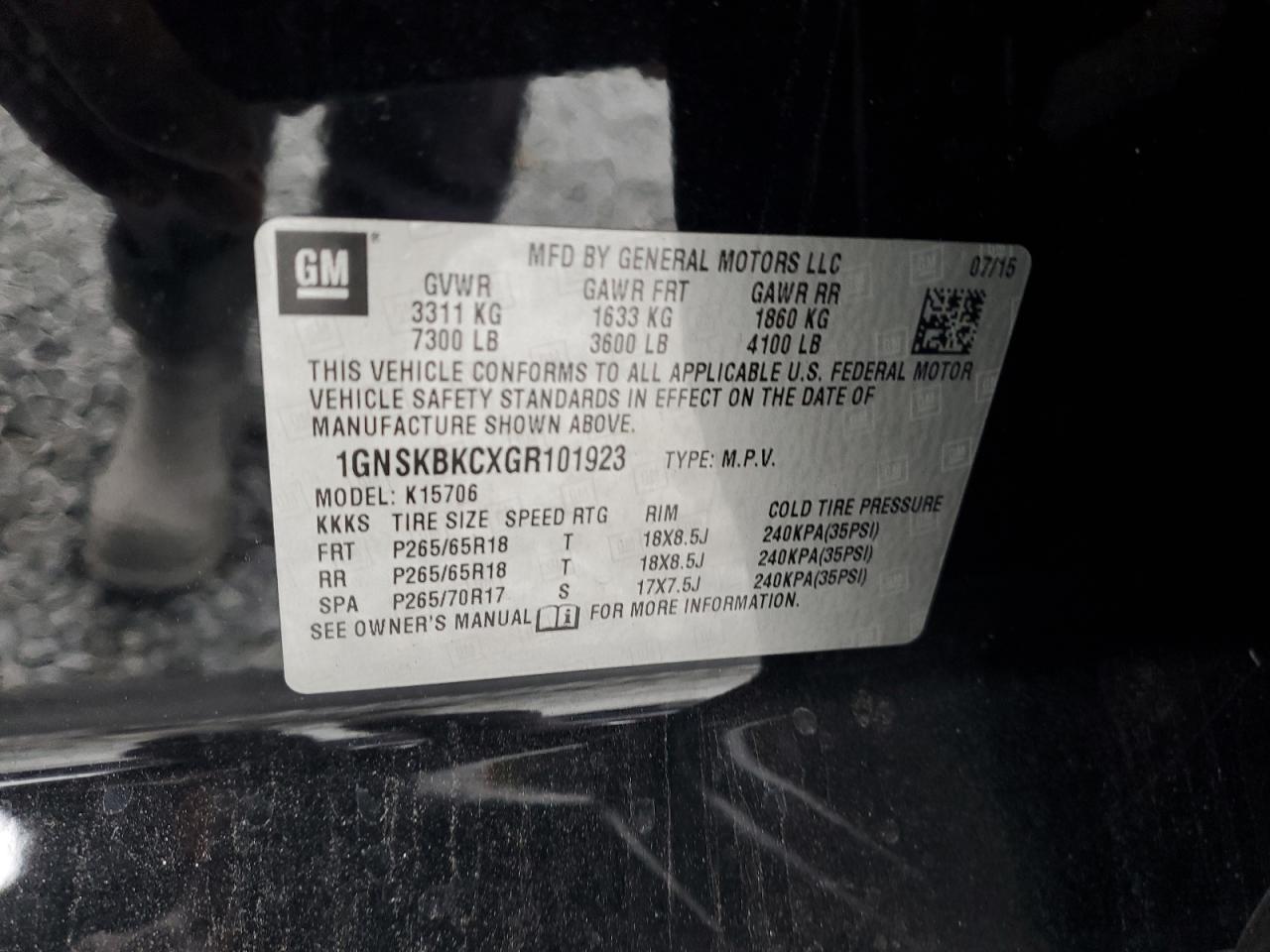 2016 Chevrolet Tahoe VIN 1GNSKBKCXGR101923 Copart auction photo, front end / side damage thumbnail 15