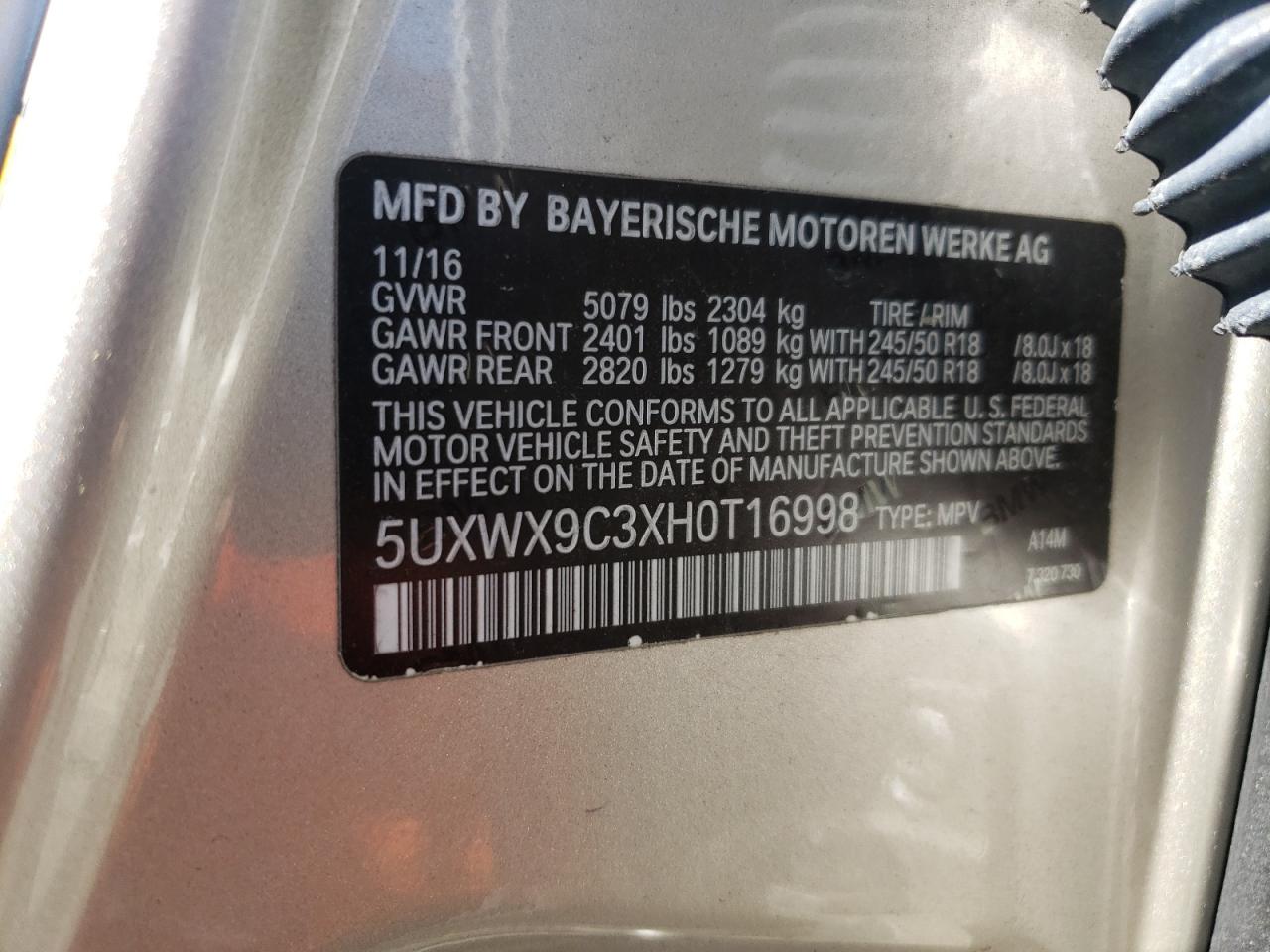 2017 BMW X3 VIN 5UXWX9C3XH0T16998 Copart auction photo, front end damage thumbnail 13