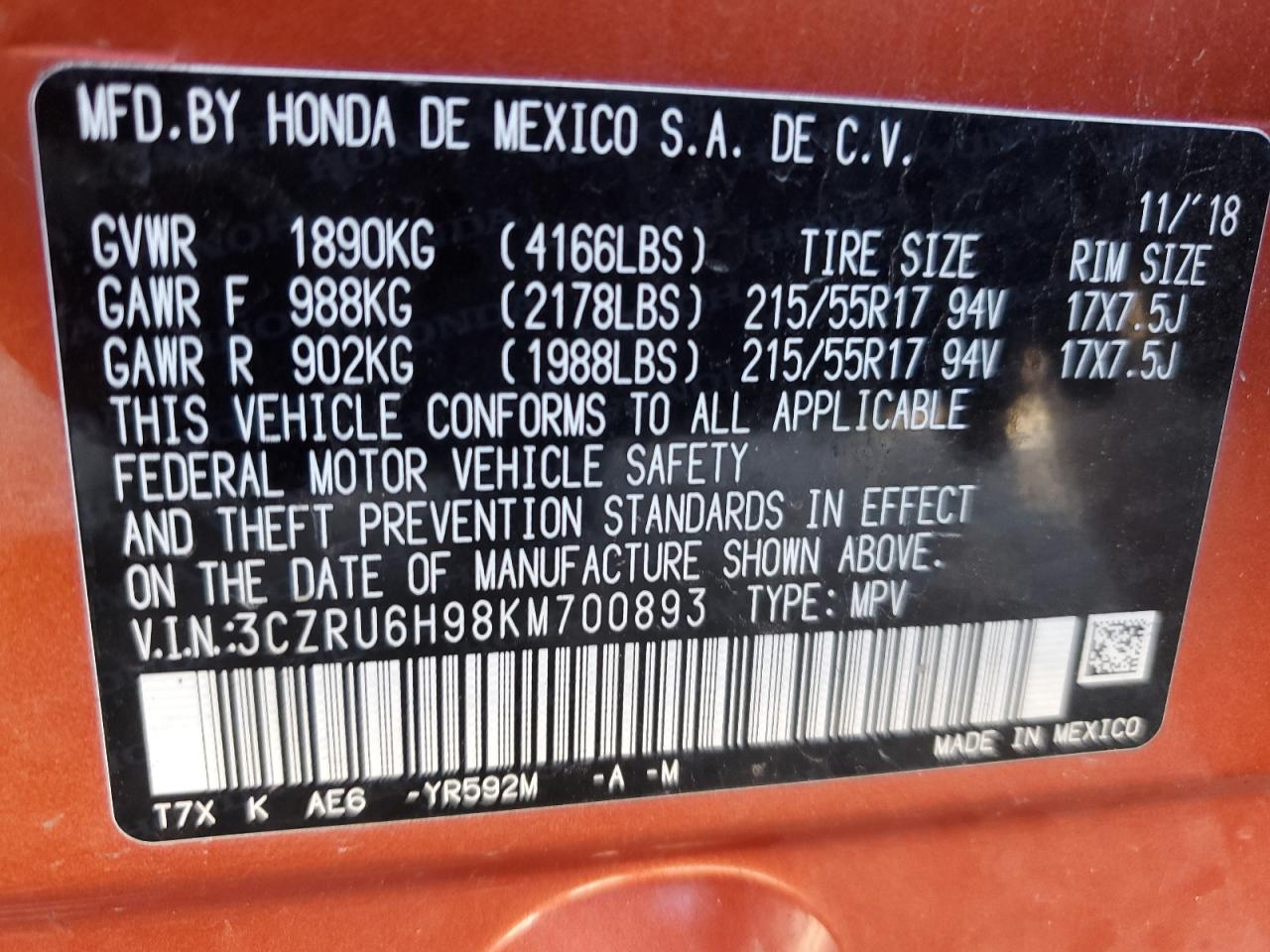 2019 Honda HR-V VIN 3CZRU6H98KM700893 Copart auction photo, front end / rear end damage thumbnail 15