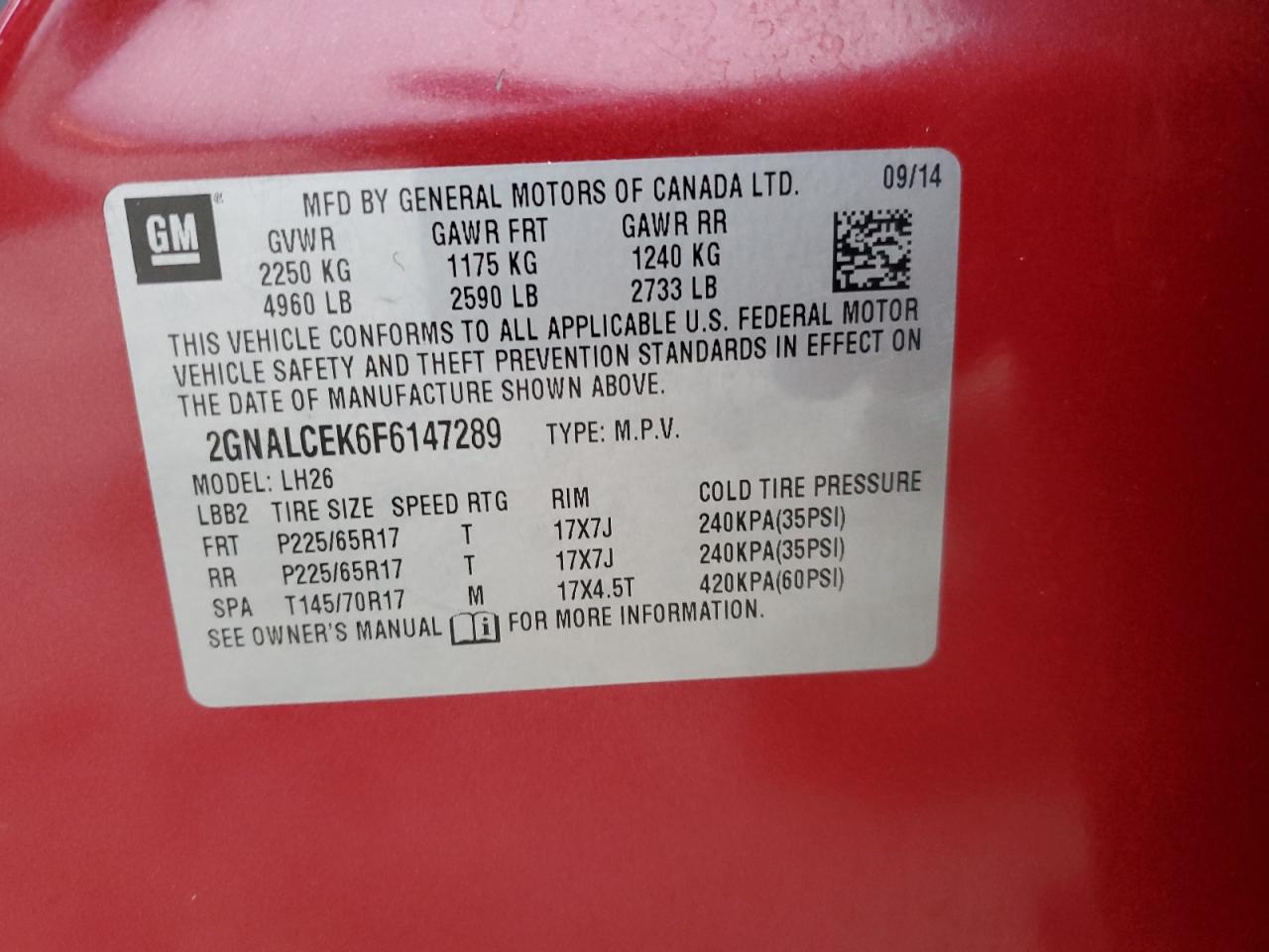 2015 Chevrolet Equinox VIN 2GNALCEK6F6147289 Copart auction photo, front end / side damage thumbnail 13