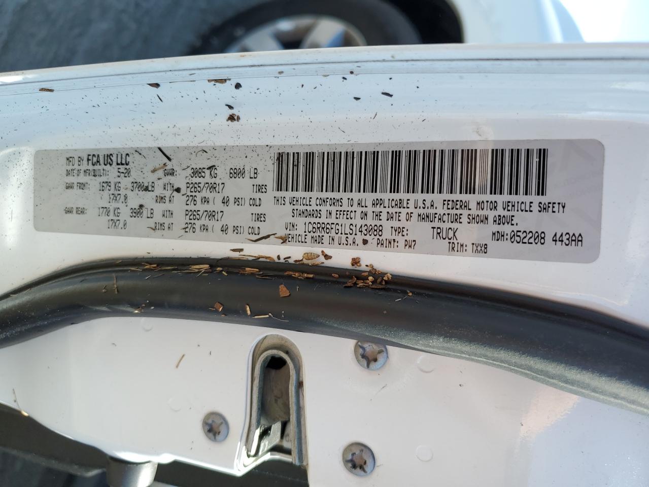 2020 RAM 1500 VIN 1C6RR6FG1LS143088 Copart auction photo, water/flood damage thumbnail 13