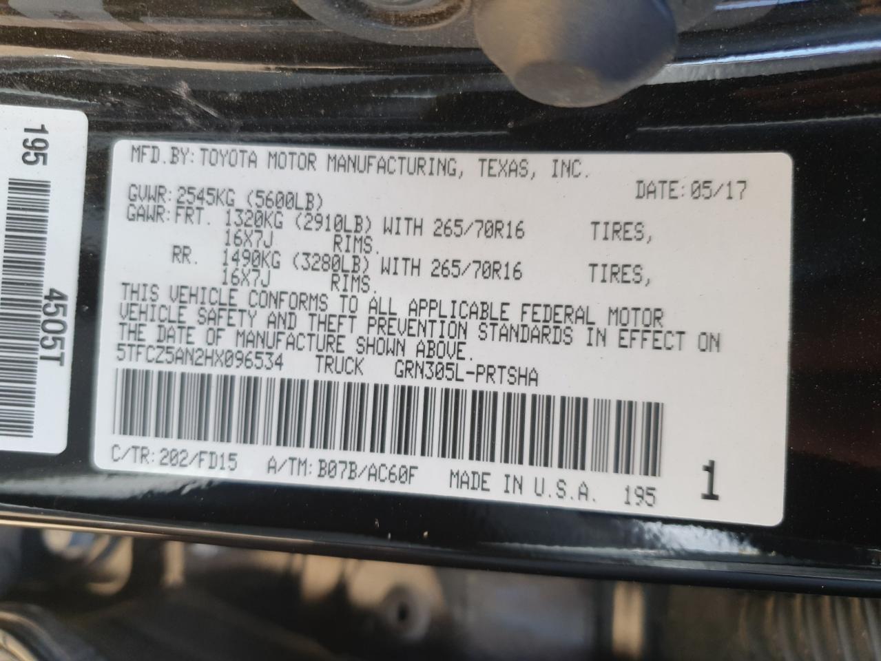 2017 Toyota Tacoma VIN 5TFCZ5AN2HX096534 Copart auction photo, side / front end damage thumbnail 14