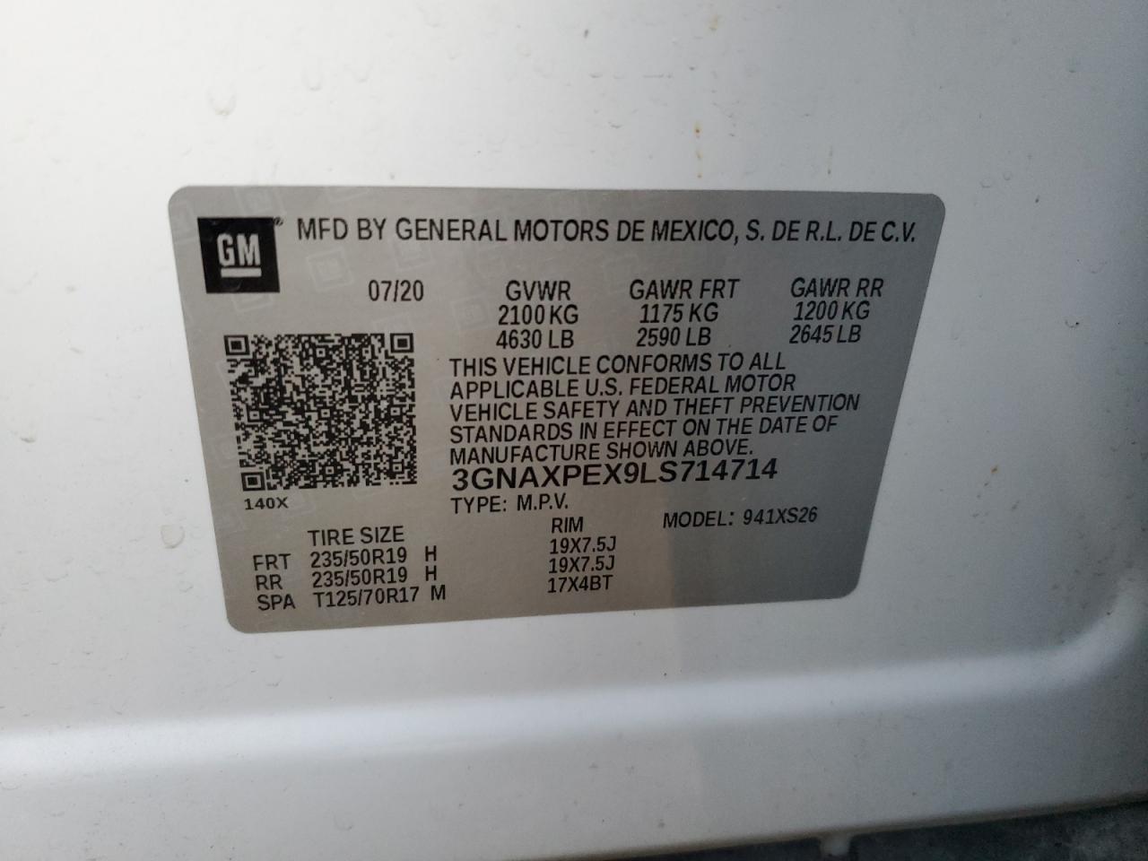 2020 Chevrolet Equinox VIN 3GNAXPEX9LS714714 Copart auction photo, front end damage thumbnail 13