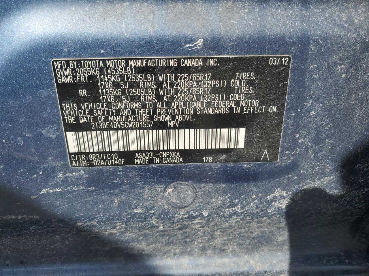 2012 Toyota RAV 4 VIN 2T3BF4DV5CW201557 Copart auction photo, rear end / minor dent/scratches damage thumbnail 12