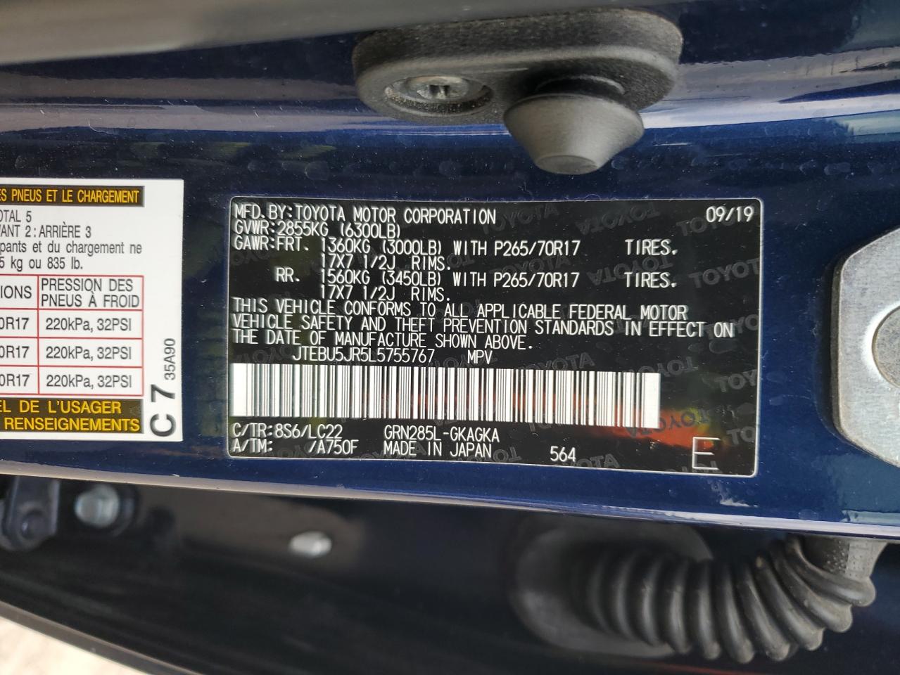 2020 Toyota 4Runner VIN JTEBU5JR5L5755767 Copart auction photo, front end damage thumbnail 13