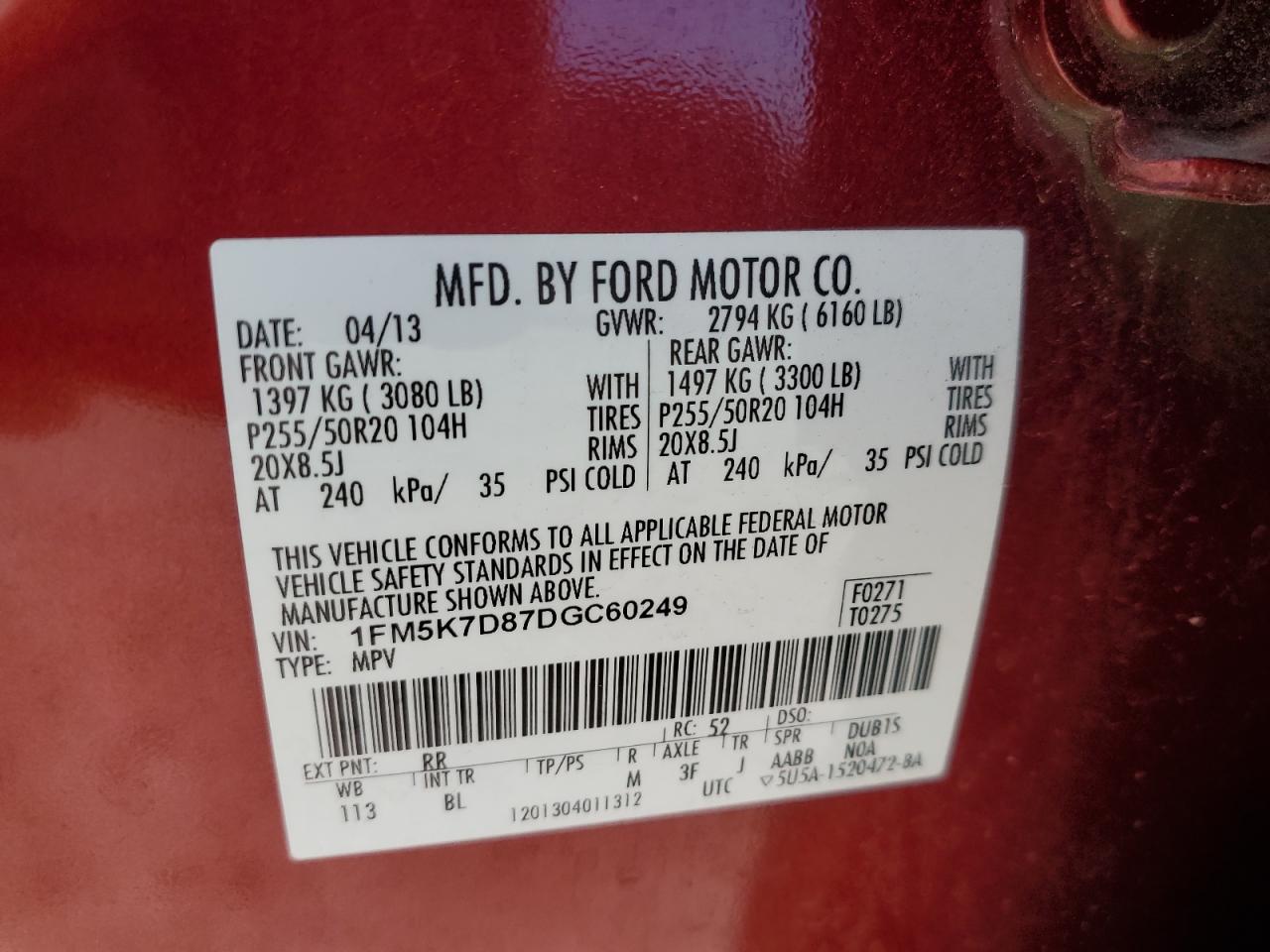 2013 Ford Explorer VIN 1FM5K7D87DGC60249 Copart auction photo, front end / minor dent/scratches damage thumbnail 16