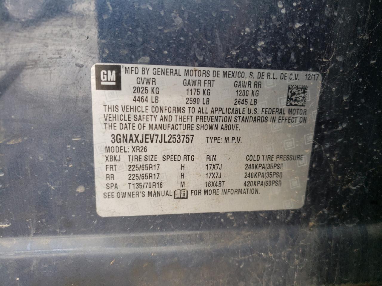 2018 Chevrolet Equinox VIN 3GNAXJEV7JL253757 Copart auction photo, water/flood / all over damage thumbnail 13