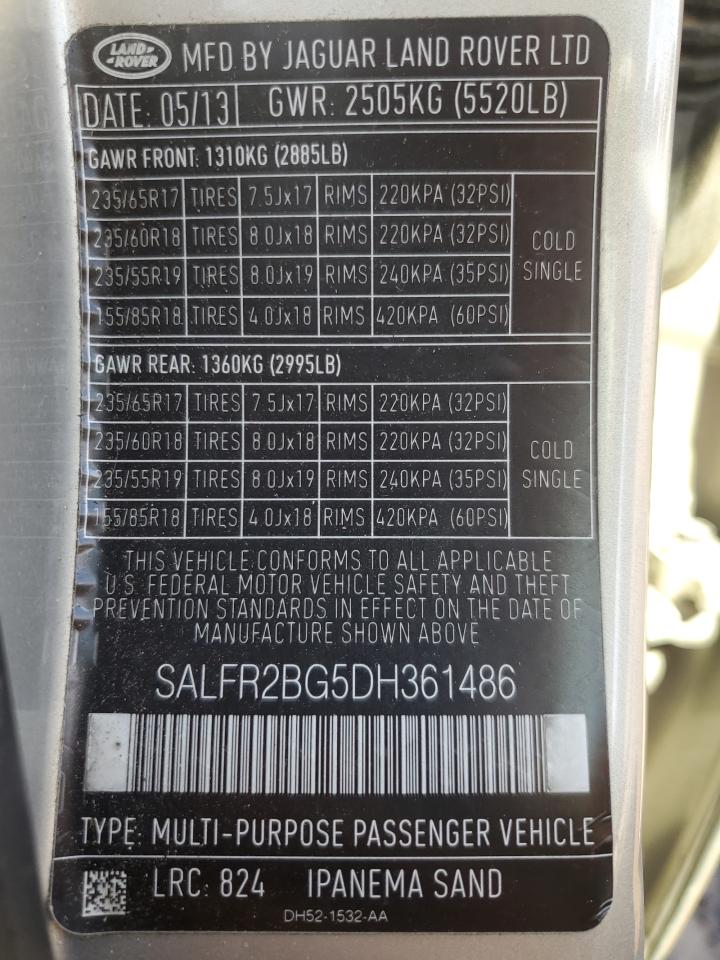 2013 Land Rover LR2 VIN SALFR2BG5DH361486 Copart auction photo, front end damage thumbnail 13