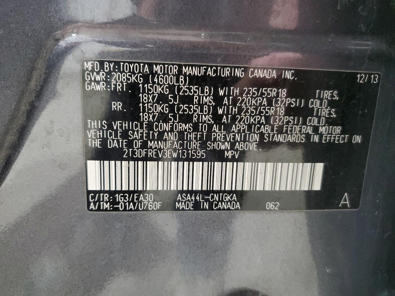 2014 Toyota RAV 4 VIN 2T3DFREV3EW131595 Copart auction photo, front end damage thumbnail 13