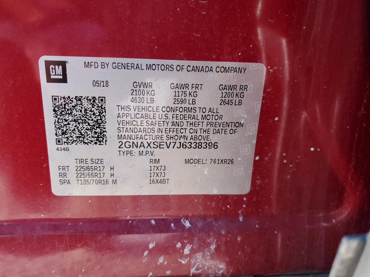2018 Chevrolet Equinox VIN 2GNAXSEV7J6338396 Copart auction photo, mechanical damage thumbnail 13