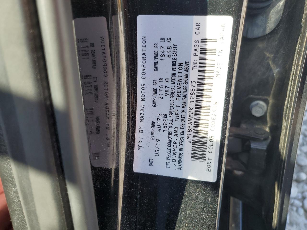 2019 Mazda 3 VIN JM1BPANM2K1128873 Copart auction photo, top/roof damage thumbnail 12
