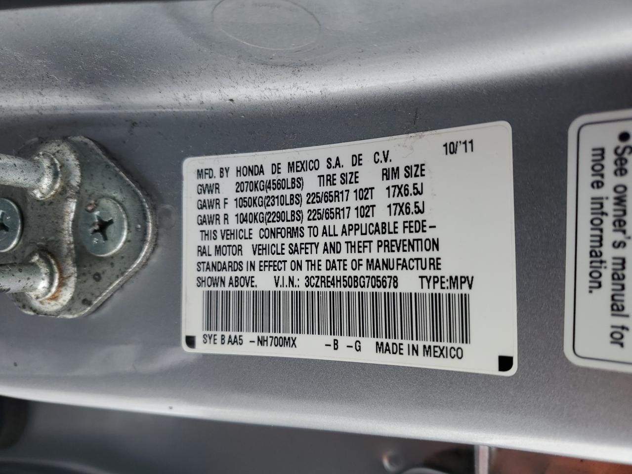 2011 Honda CR-V VIN 3CZRE4H50BG705678 Copart auction photo, front end damage thumbnail 12