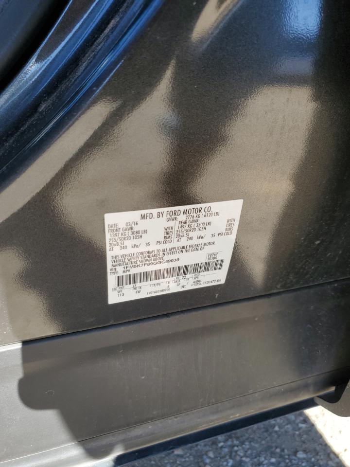 2016 Ford Explorer VIN 1FM5K7F89GGC49030 Copart auction photo, rear end damage thumbnail 12
