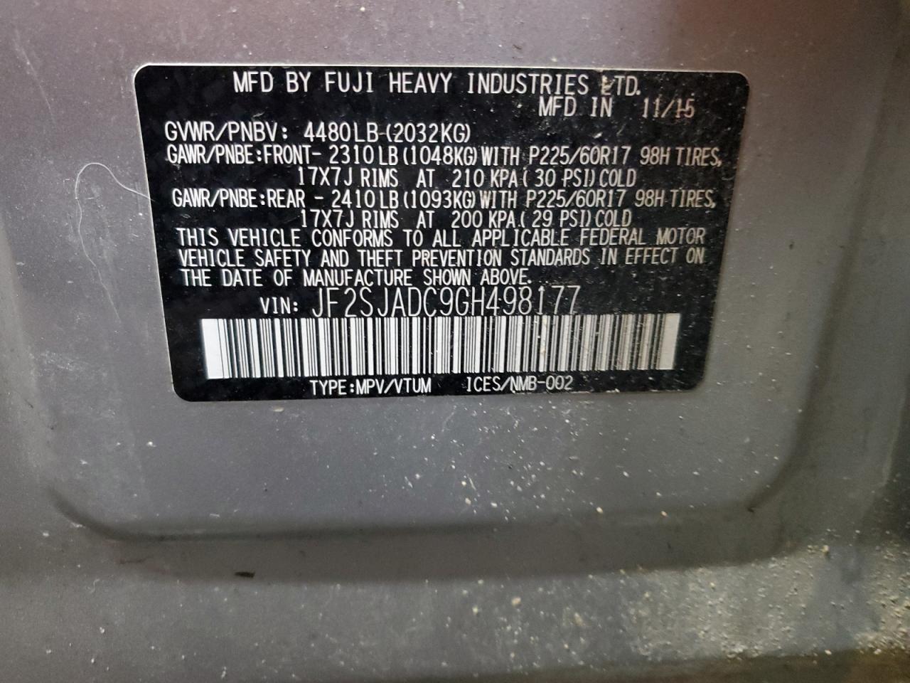 2016 Subaru Forester VIN JF2SJADC9GH498177 Copart auction photo, front end damage thumbnail 15