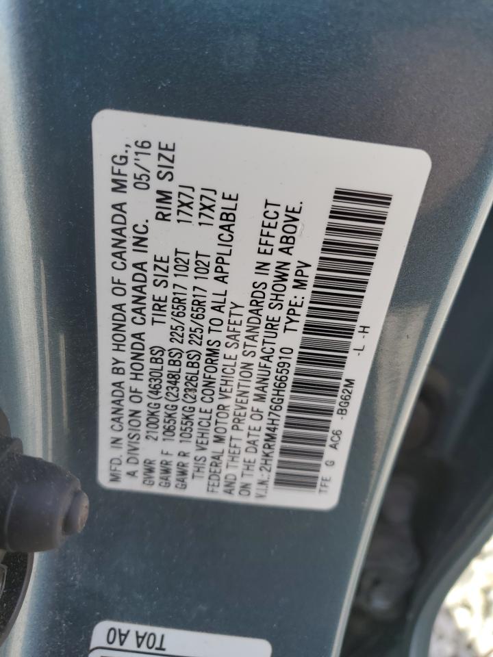 2016 Honda CR-V VIN 2HKRM4H76GH665910 Copart auction photo, side damage thumbnail 12