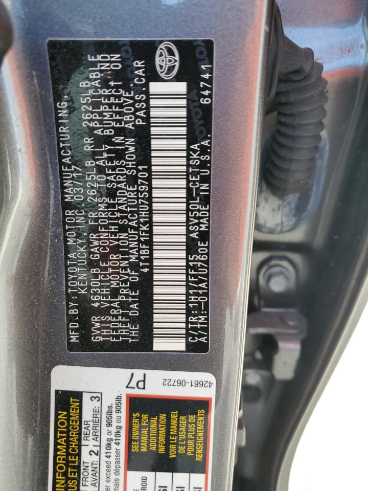 2017 Toyota Camry VIN 4T1BF1FK1HU759701 Copart auction photo, front end / minor dent/scratches damage thumbnail 13