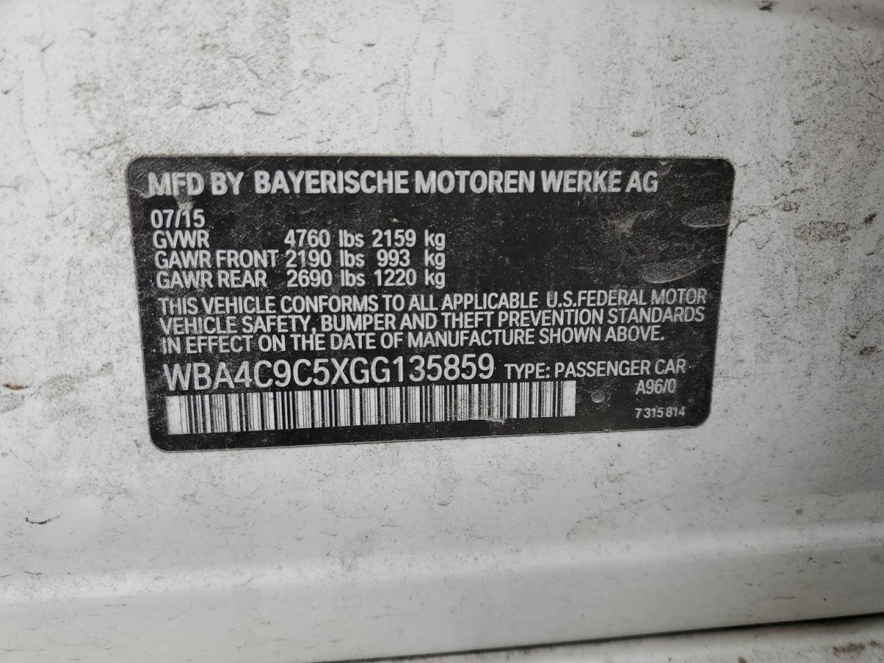 2016 BMW 4er VIN WBA4C9C5XGG135859 Copart auction photo, rear end / hail damage thumbnail 12