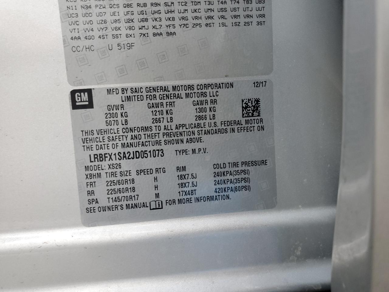2018 Buick Envision VIN LRBFX1SA2JD051073 Copart auction photo, all over damage thumbnail 13