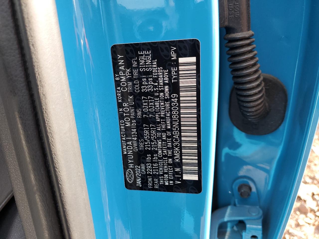 2022 Hyundai Kona VIN KM8K3CAB5NU880349 Copart auction photo, front end damage thumbnail 13