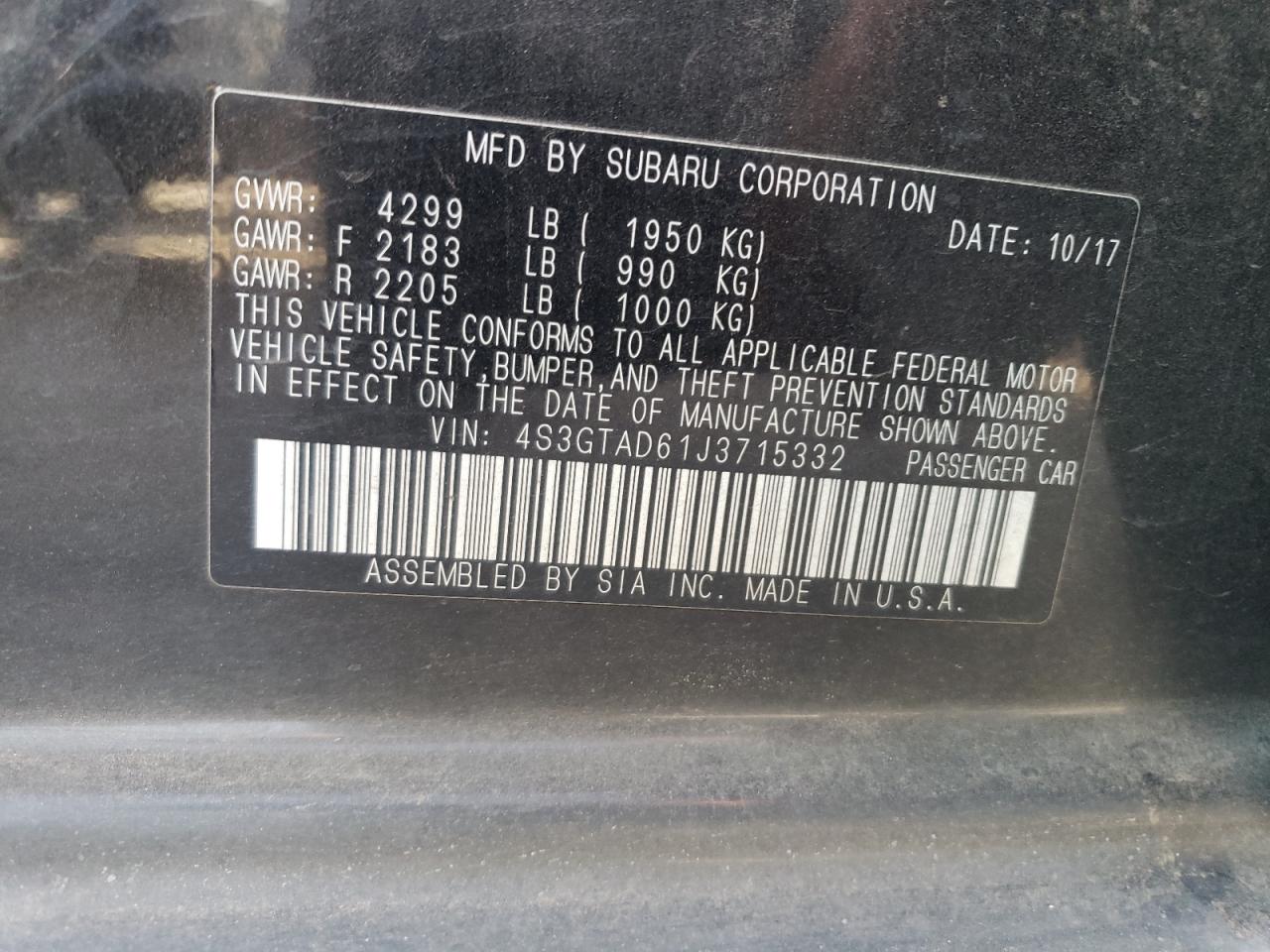 2018 Subaru Impreza VIN 4S3GTAD61J3715332 Copart auction photo, rear end damage thumbnail 12