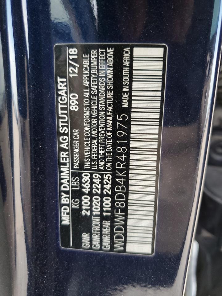 2019 Mercedes-Benz C-klasse VIN WDDWF8DB4KR481975 Copart auction photo, front end / minor dent/scratches damage thumbnail 14