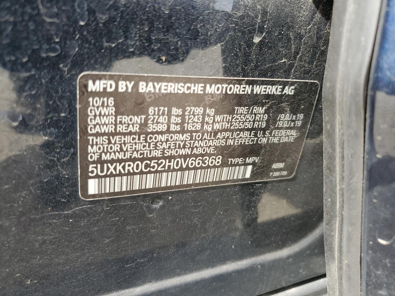 2017 BMW X5 VIN 5UXKR0C52H0V66368 Copart auction photo, rear end damage thumbnail 14