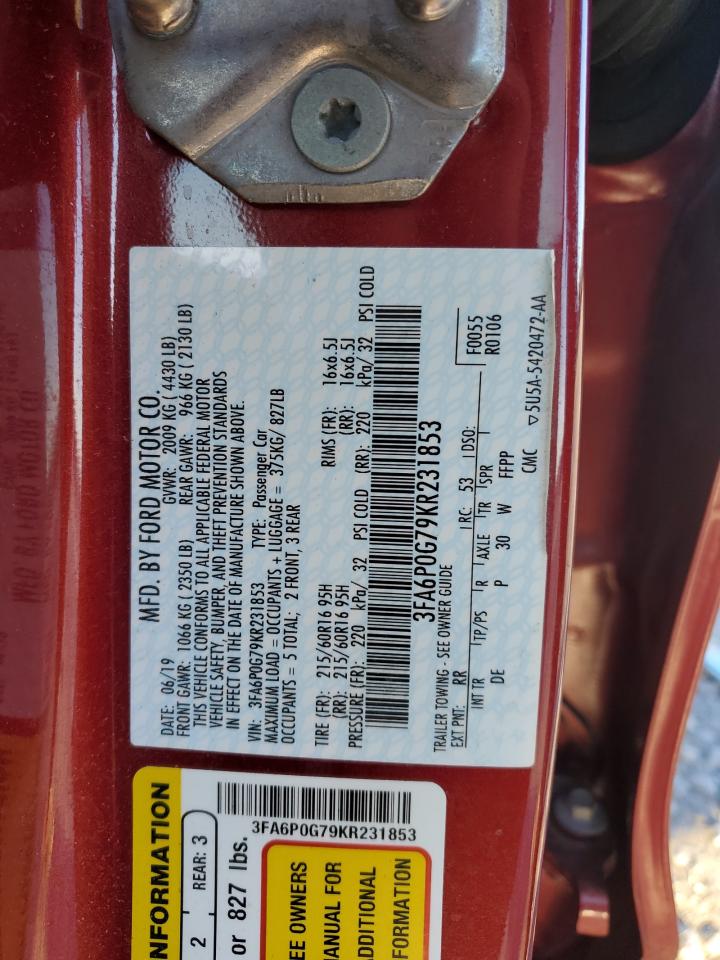 2019 Ford Fusion VIN 3FA6P0G79KR231853 Copart auction photo, rear end damage thumbnail 12