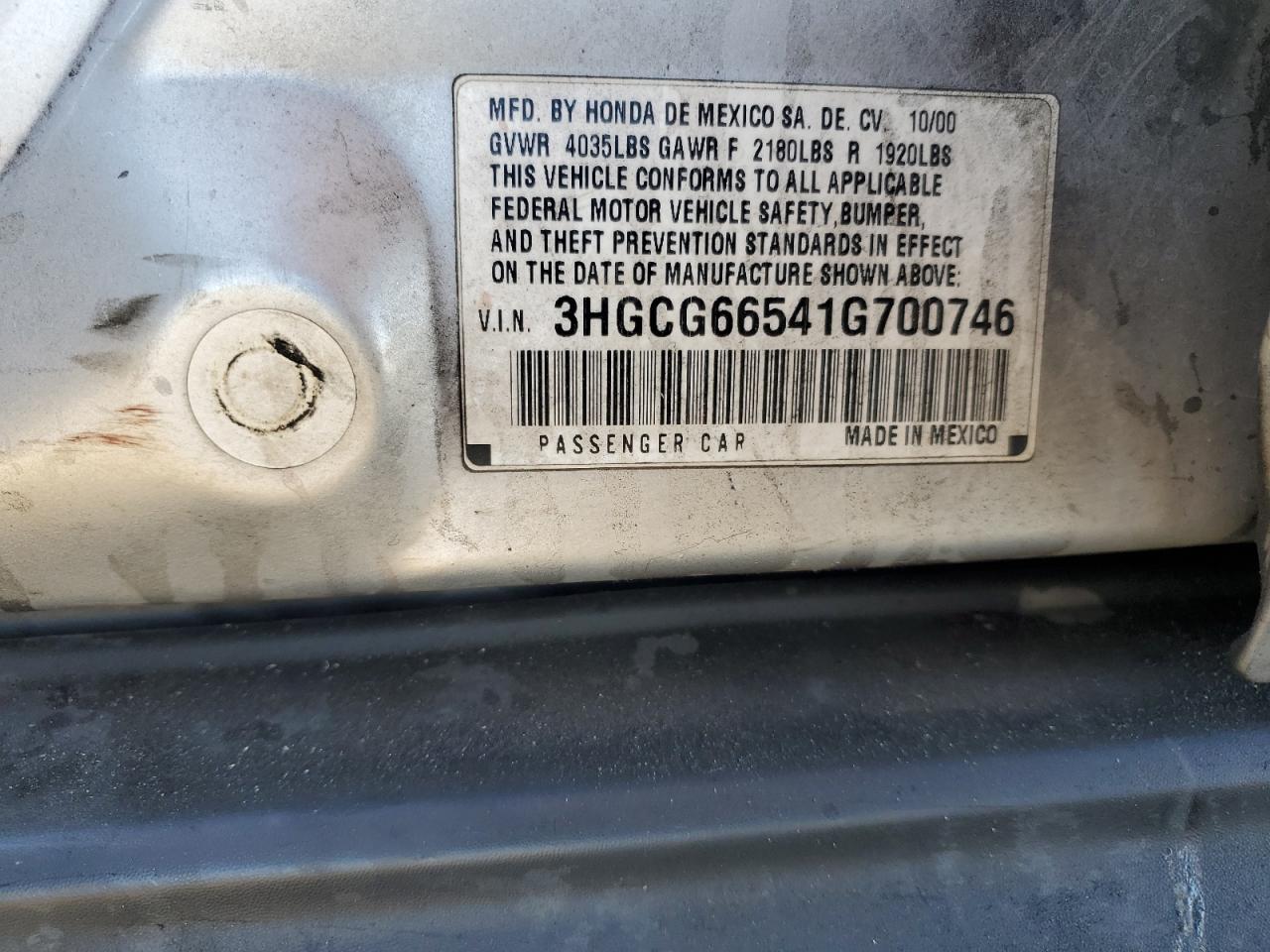 2001 Honda Accord VIN 3HGCG66541G700746 Copart auction photo, rear end damage thumbnail 12