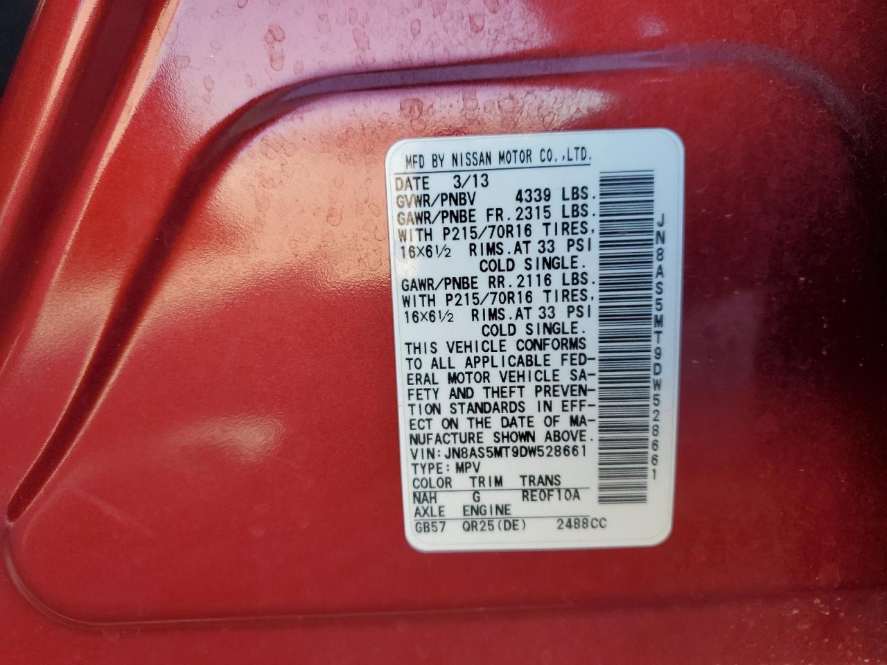 2013 Nissan Rogue VIN JN8AS5MT9DW528661 Copart auction photo, minor dent/scratches damage thumbnail 13