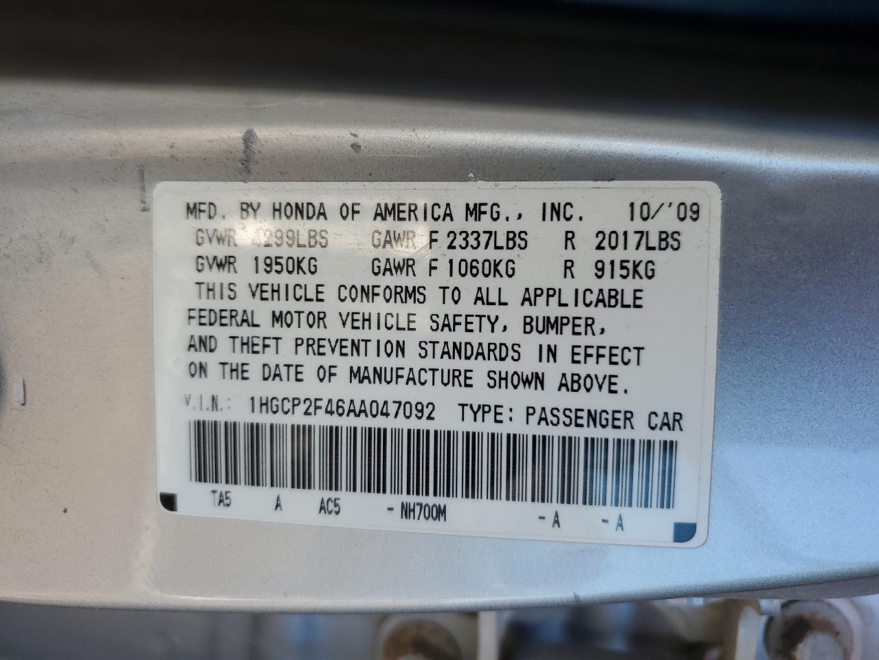 2010 Honda Accord VIN 1HGCP2F46AA047092 Copart auction photo, all over damage thumbnail 14