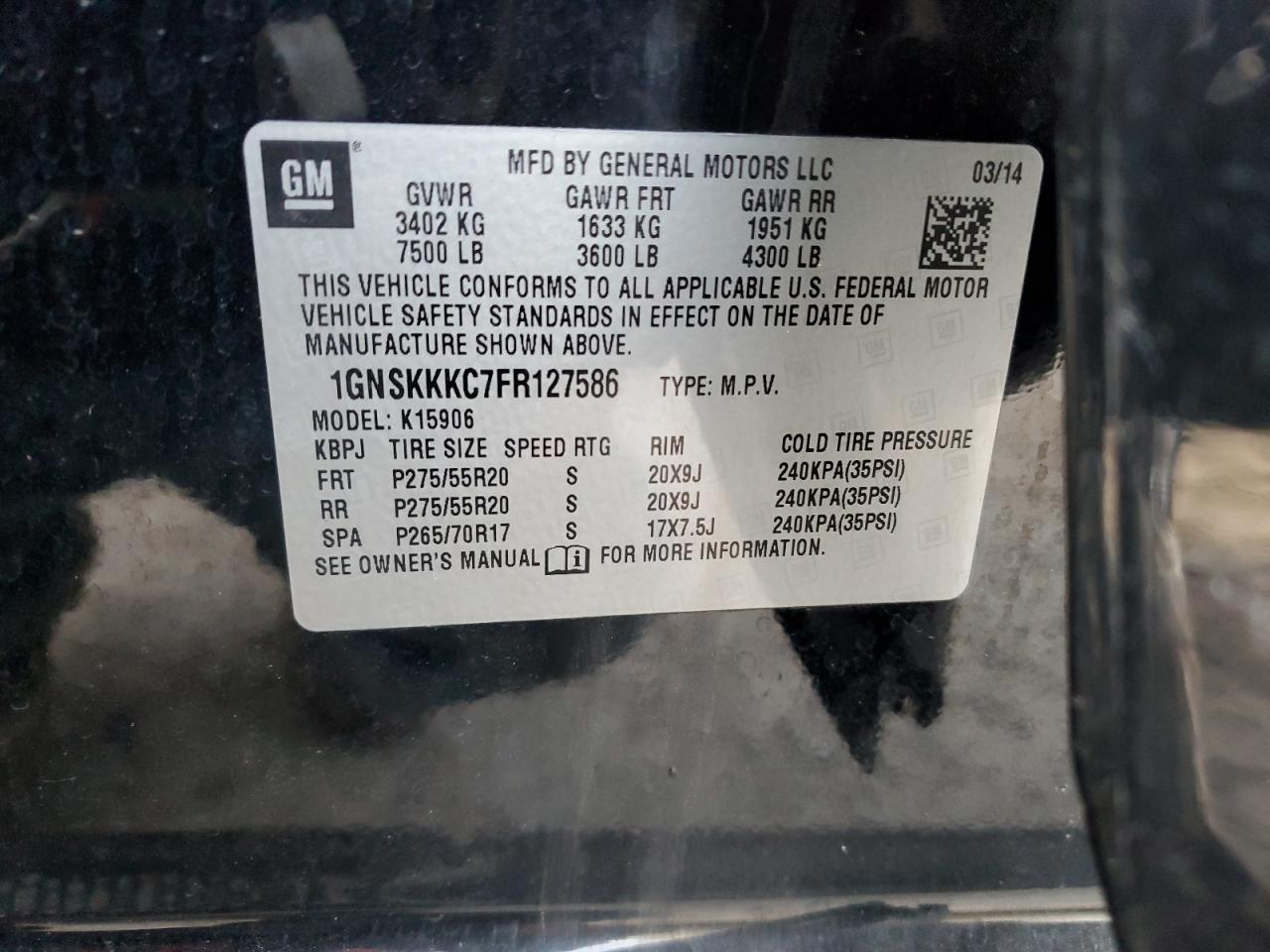 2015 Chevrolet Suburban VIN 1GNSKKKC7FR127586 Copart auction photo, side damage thumbnail 13