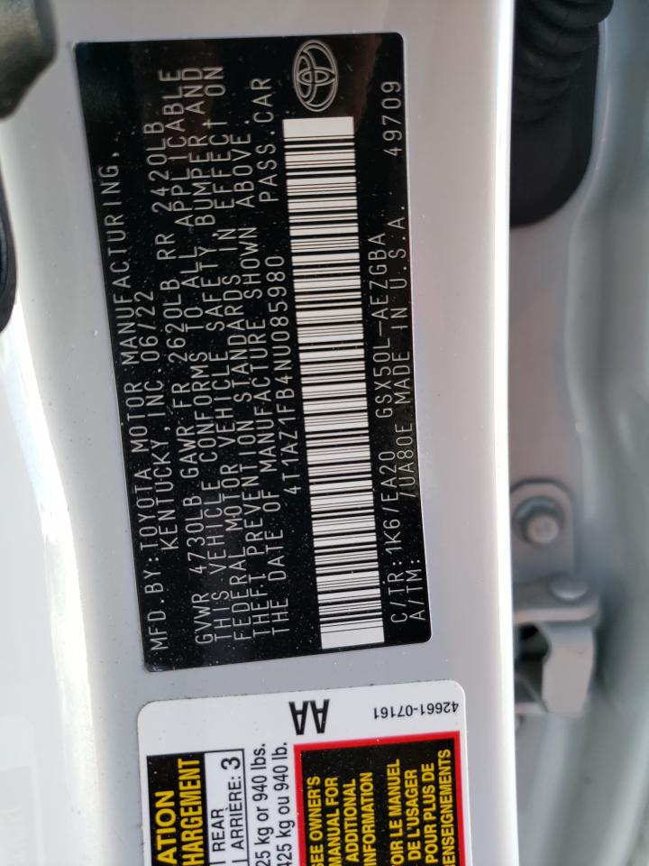 2022 Toyota Avalon VIN 4T1AZ1FB4NU085980 Copart auction photo, side damage thumbnail 13