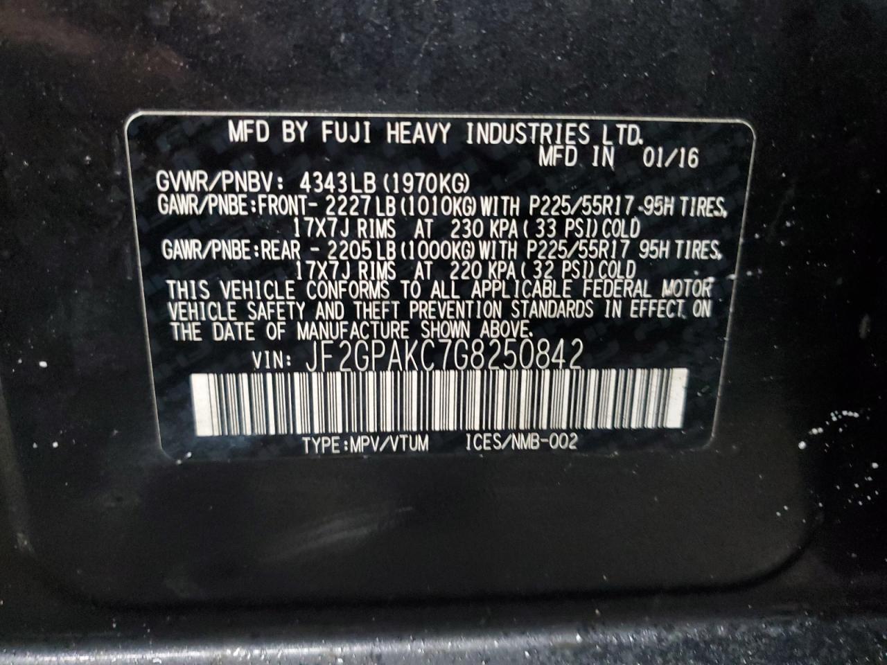 2016 Subaru XV VIN JF2GPAKC7G8250842 Copart auction photo, front end damage thumbnail 14