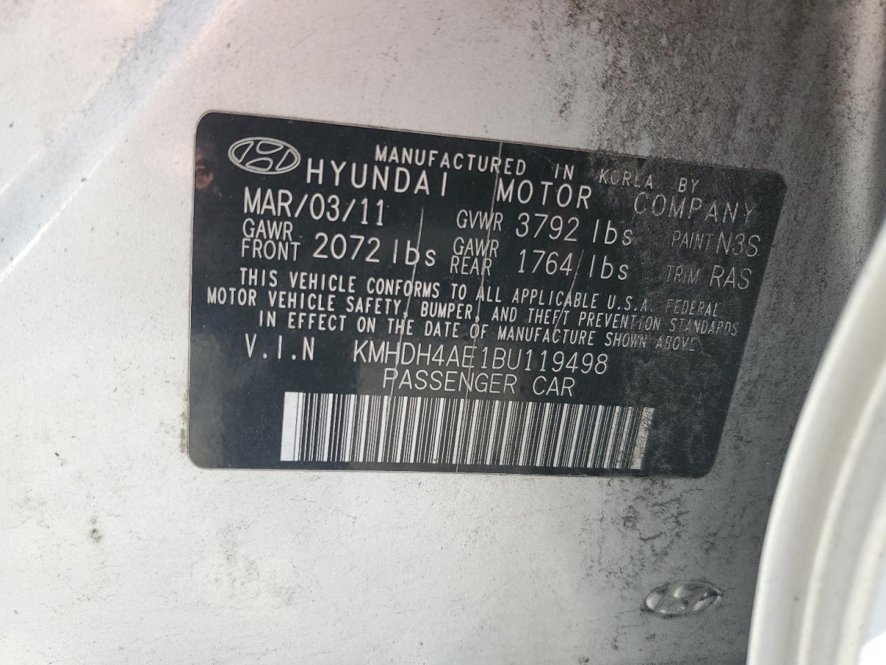 2011 Hyundai Elantra VIN KMHDH4AE1BU119498 Copart auction photo, rear end damage thumbnail 12