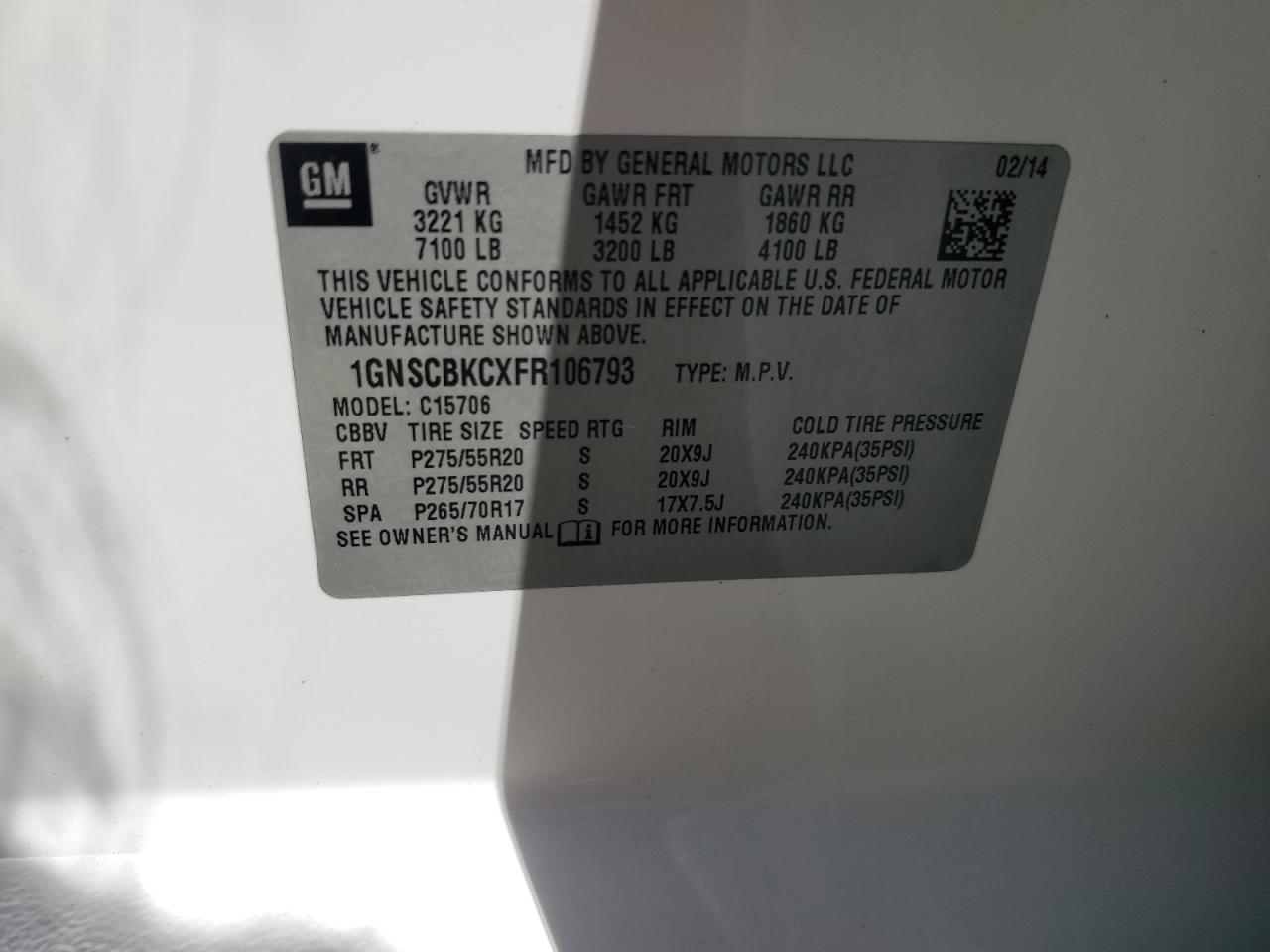 2015 Chevrolet Tahoe VIN 1GNSCBKCXFR106793 Copart auction photo, front end damage thumbnail 15