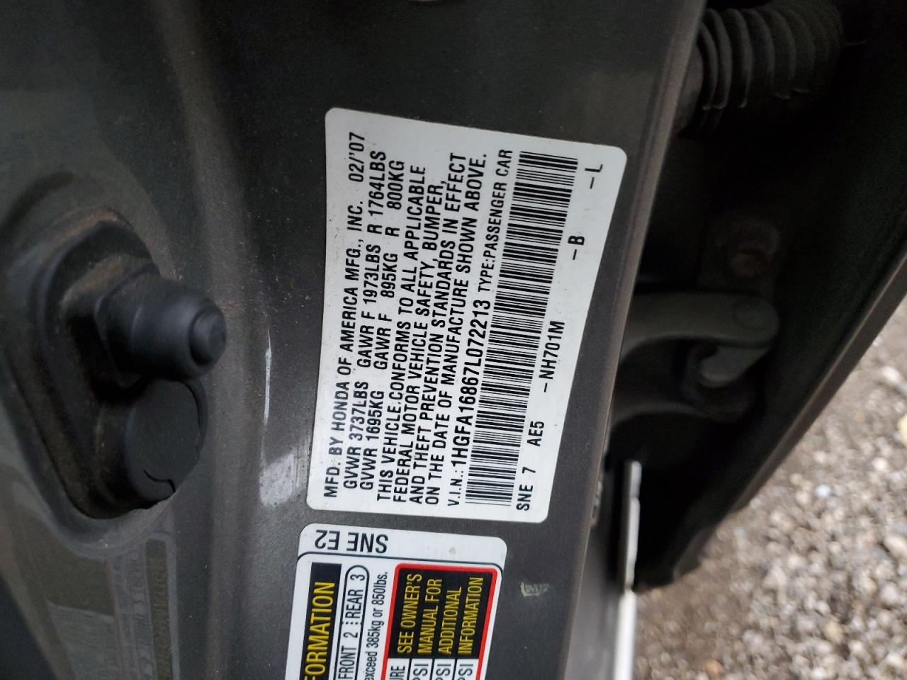 2007 Honda Civic VIN 1HGFA16867L072213 Copart auction photo, rear end damage thumbnail 13