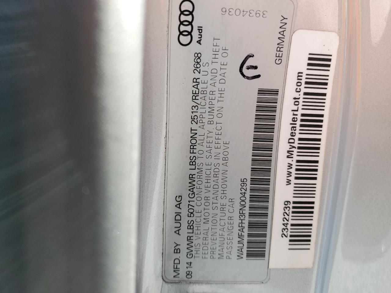 2015 Audi A5 VIN WAUMFAFH3FN004295 Copart auction photo, front end damage thumbnail 14