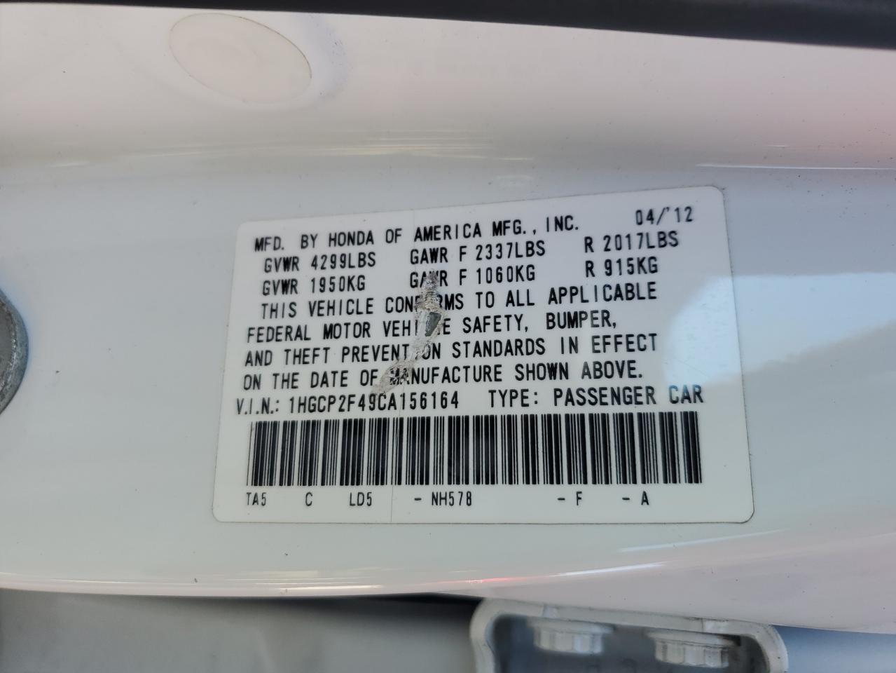 2012 Honda Accord VIN 1HGCP2F49CA156164 Copart auction photo, all over damage thumbnail 13
