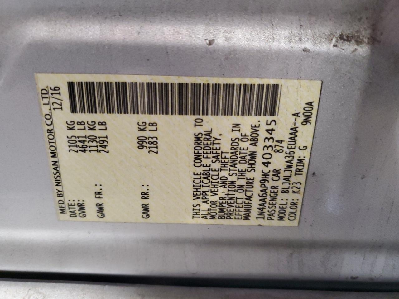 2017 Nissan Maxima VIN 1N4AA6AP9HC403345 Copart auction photo, front end damage thumbnail 13